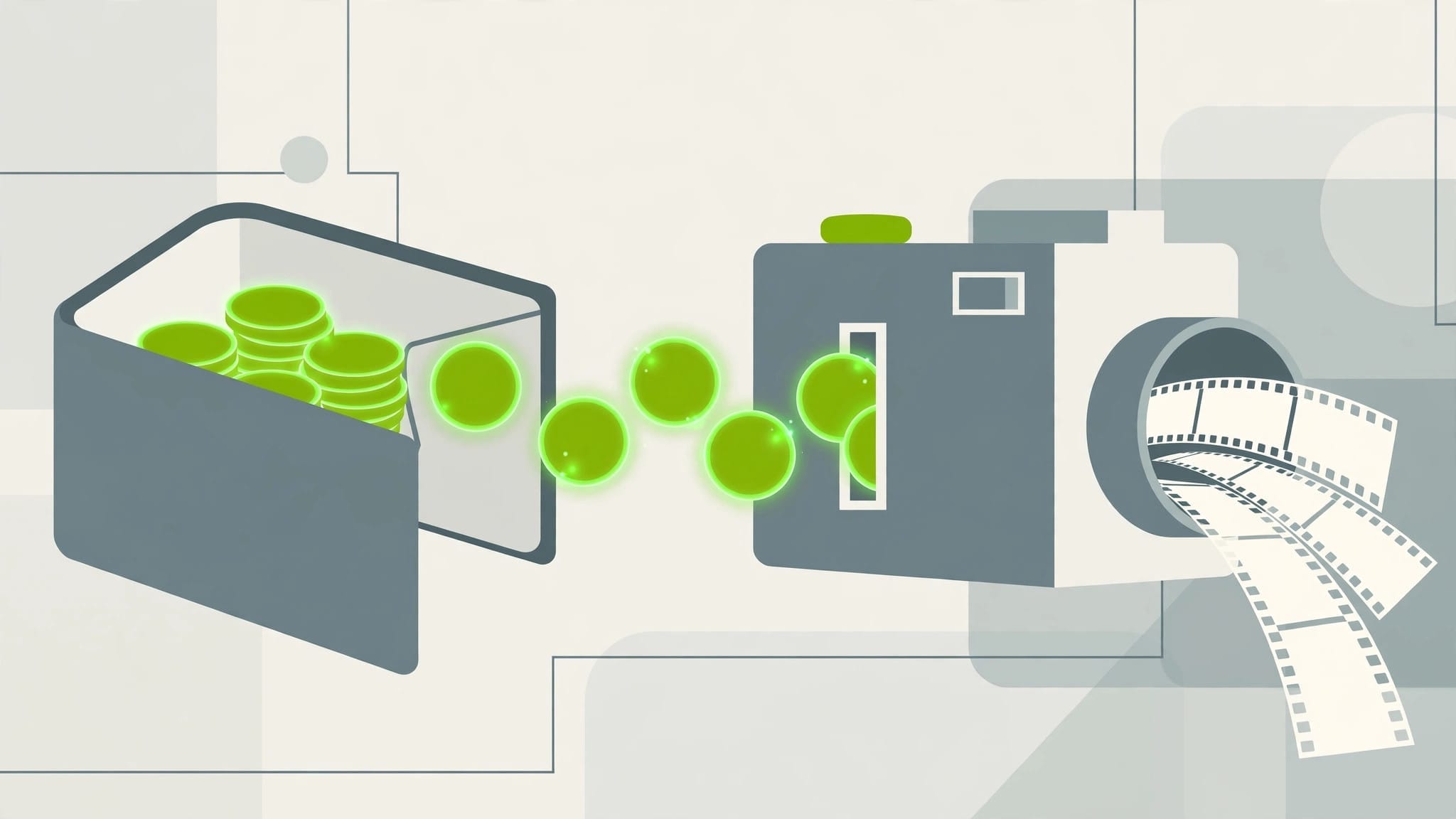 Illustration of a wallet feeding credit tokens into a film camera, representing how AI video credits are burned per generation