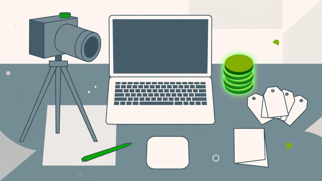 Illustration of a creator's desk with a camera, laptop and credit tokens, representing what AI video tools cost creators