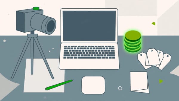 Illustration of a creator's desk with a camera, laptop and credit tokens, representing what AI video tools cost creators