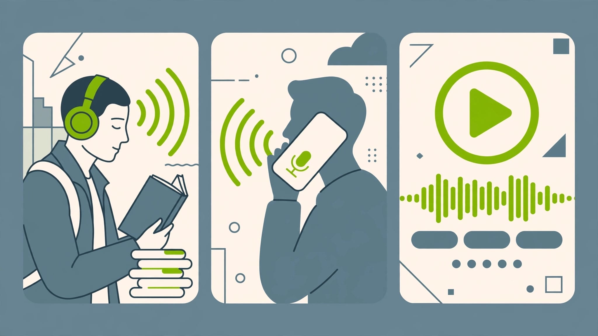 Illustration of three scenes — an audiobook listener, a phone assistant and a narrated video — showing where AI voices are used