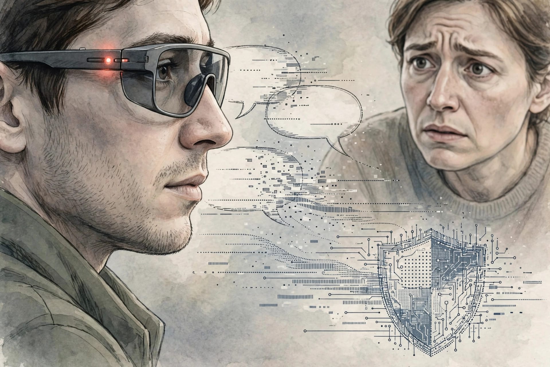 Person wearing AI smart glasses with a glowing indicator light while a bystander looks on, speech turning into digital transcript lines