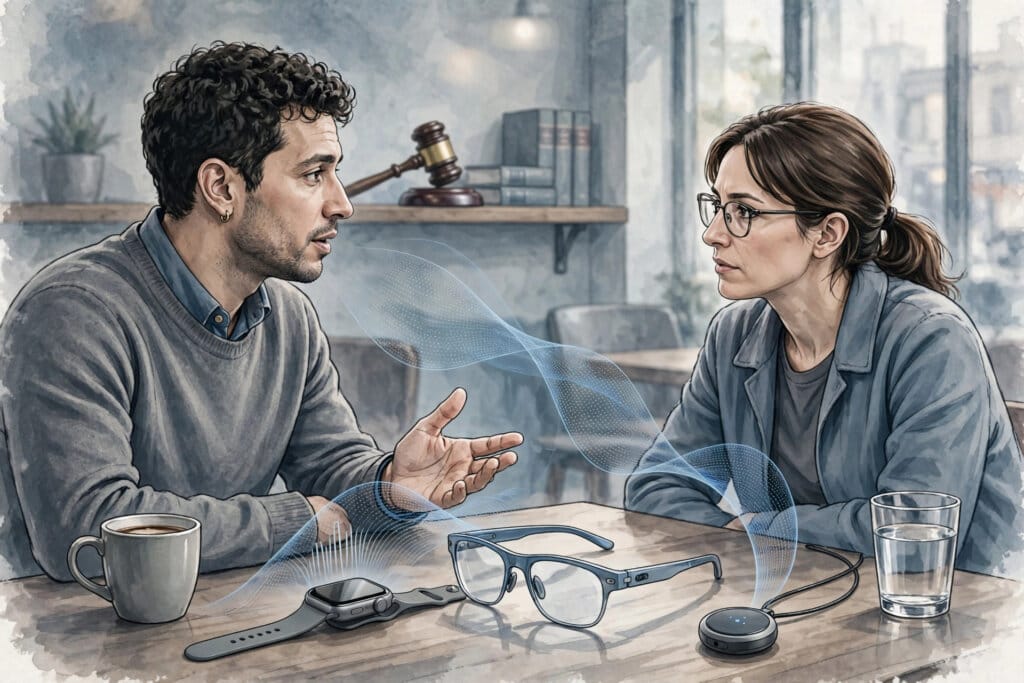 AI wearables including a smartwatch, smart glasses and a pendant listening to a cafe conversation, with sound waves and law books behind them