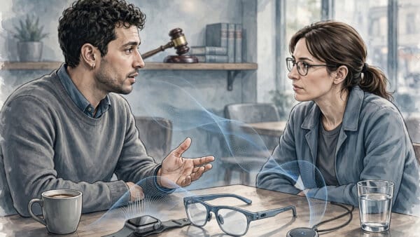 AI wearables including a smartwatch, smart glasses and a pendant listening to a cafe conversation, with sound waves and law books behind them