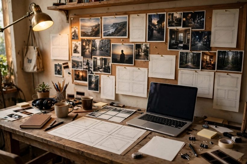 A screenwriter's studio desk with storyboard panels, a laptop and film stills pinned on a wall