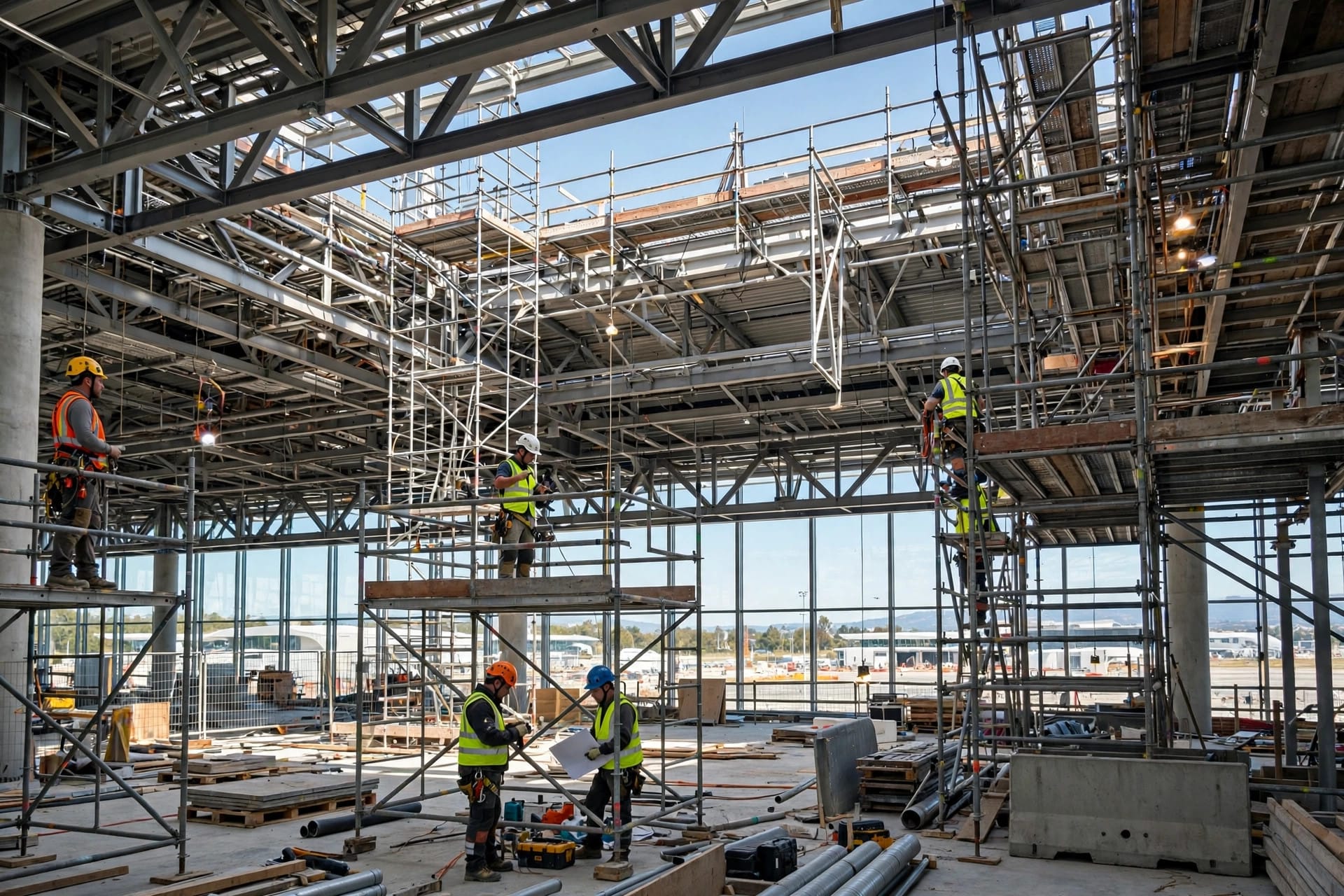 Construction workers in safety gear inside a large terminal building under construction