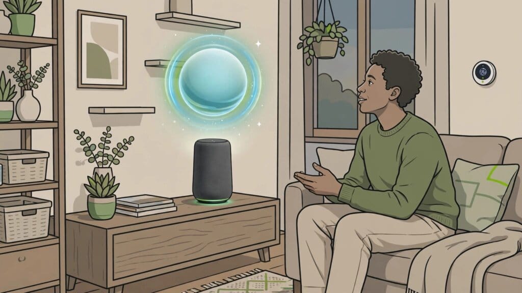Illustration of Alexa+, Amazon's generative AI voice assistant, in a smart home