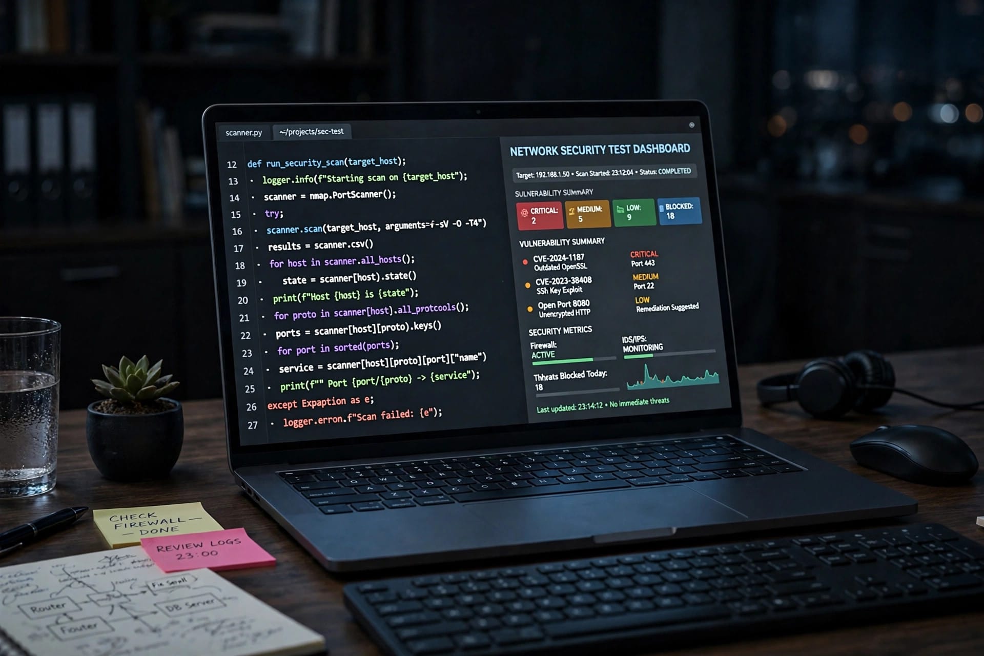 Laptop showing code and a network security test dashboard