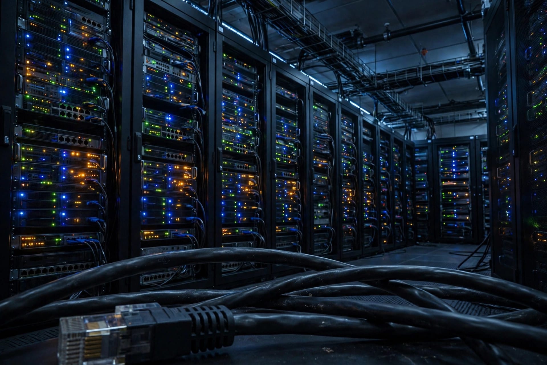Dark server room with rows of server racks and network cables