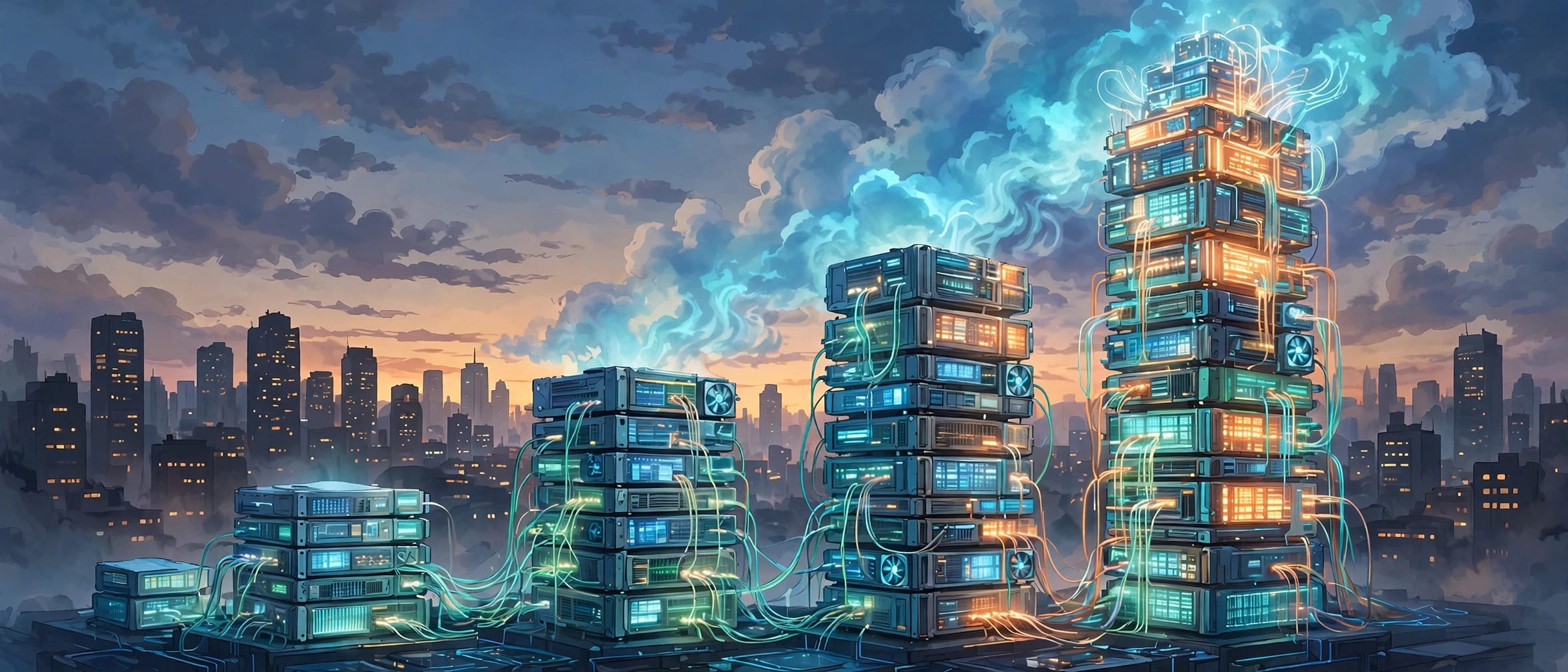 Rising towers of glowing server blocks against a dusk city skyline, symbolizing cloud growth and infrastructure spending