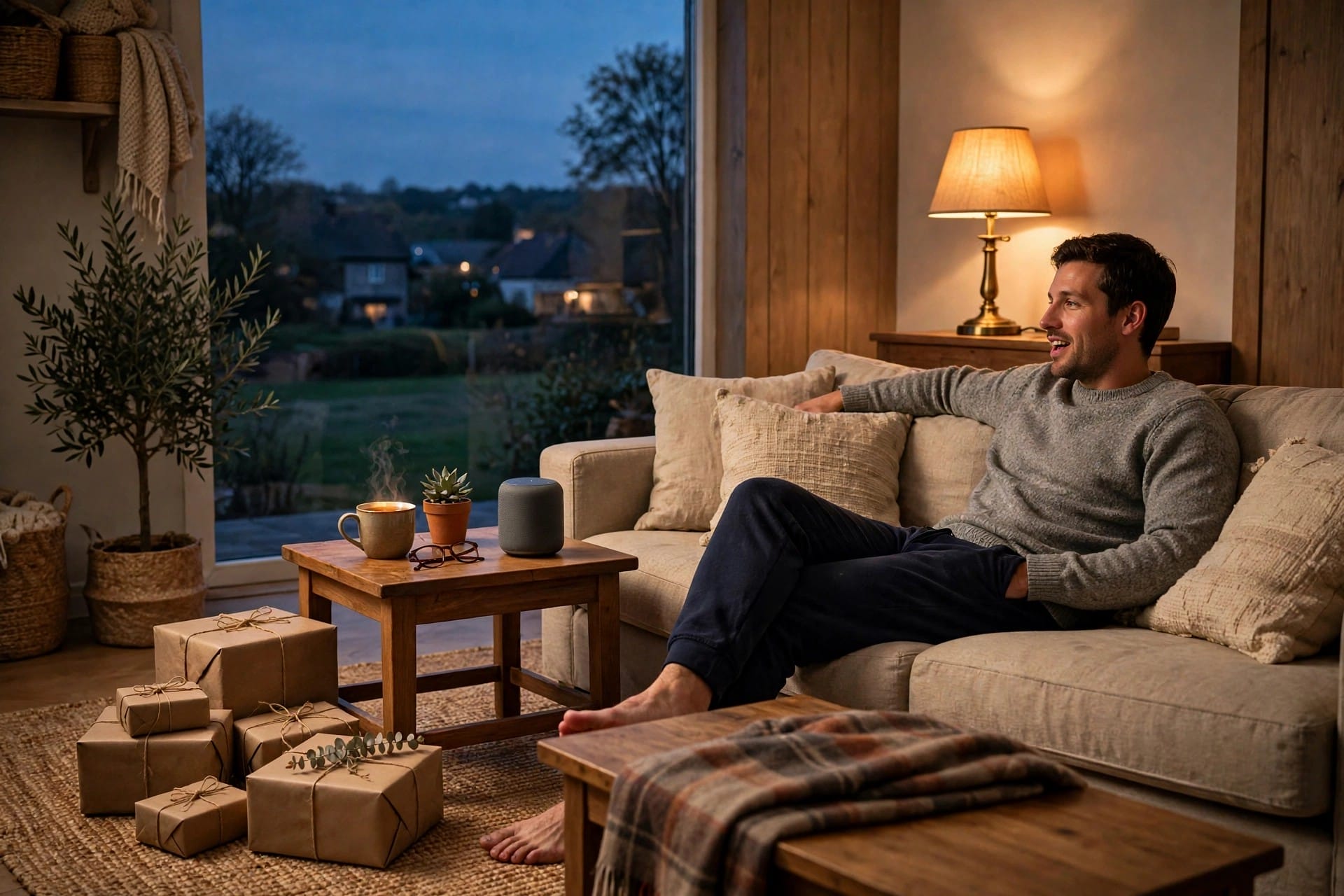 Man relaxing on a sofa beside a smart speaker with wrapped parcels on the floor at dusk