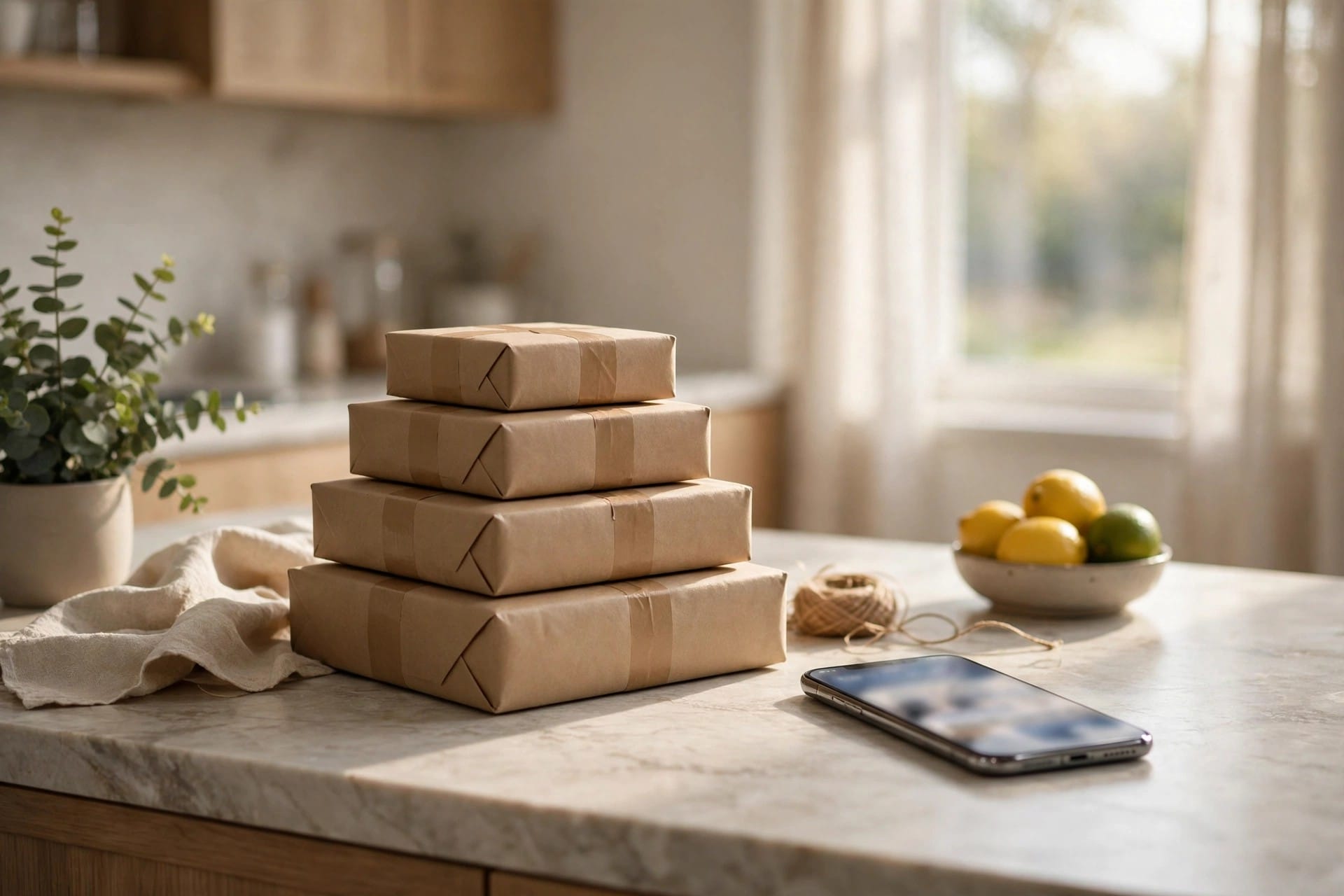 Stack of wrapped delivery parcels on a kitchen counter beside a smartphone