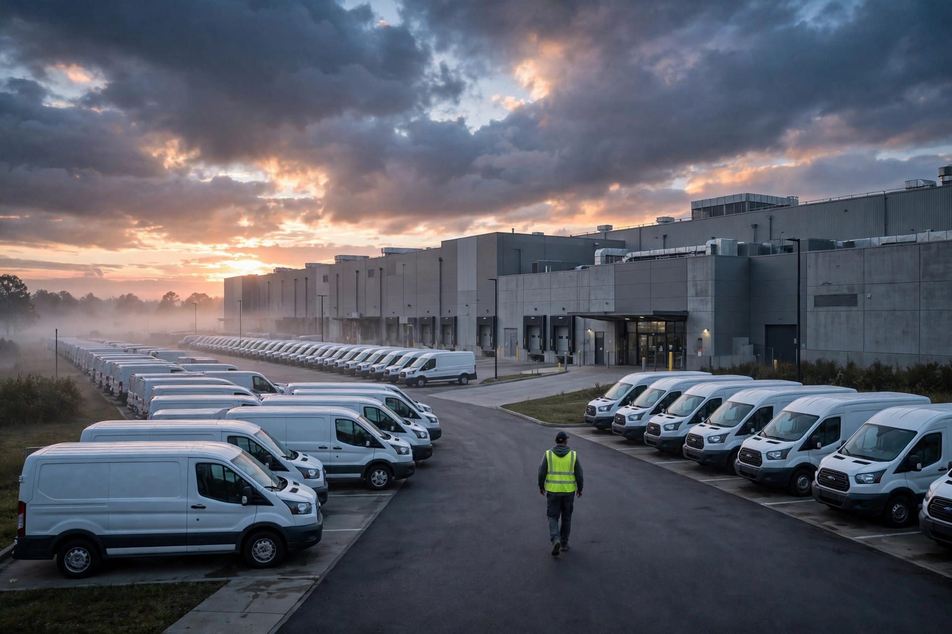 Amazon warehouse exterior with Atlas AI union-risk scoring concept