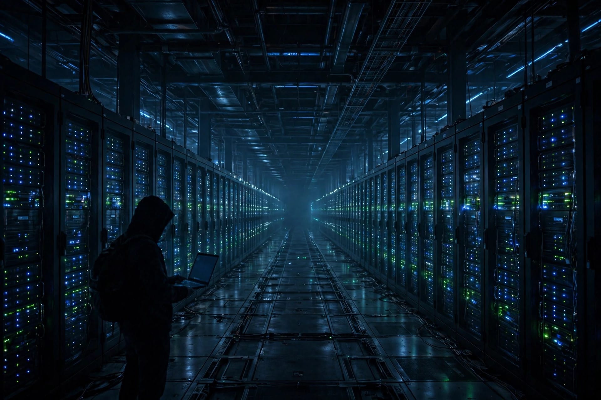 Endless rows of server racks with glowing lights inside a dark data hall, a lone technician walking between them