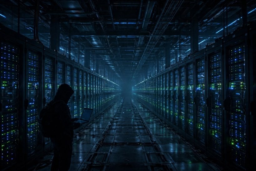 Endless rows of server racks with glowing lights inside a dark data hall, a lone technician walking between them