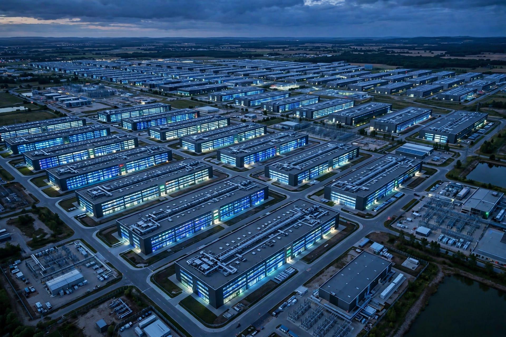 Aerial view of a vast cloud data center campus at dusk, rows of glowing server halls stretching to the horizon as AWS cloud capacity sells out through 2027