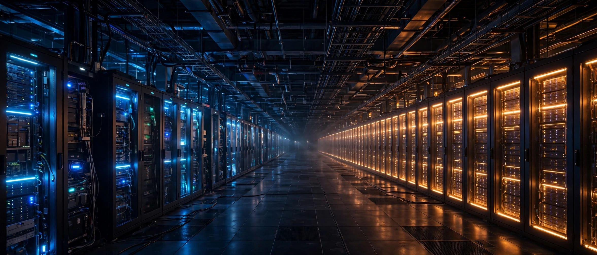 Long corridor of glowing server racks in a vast cloud data center at night