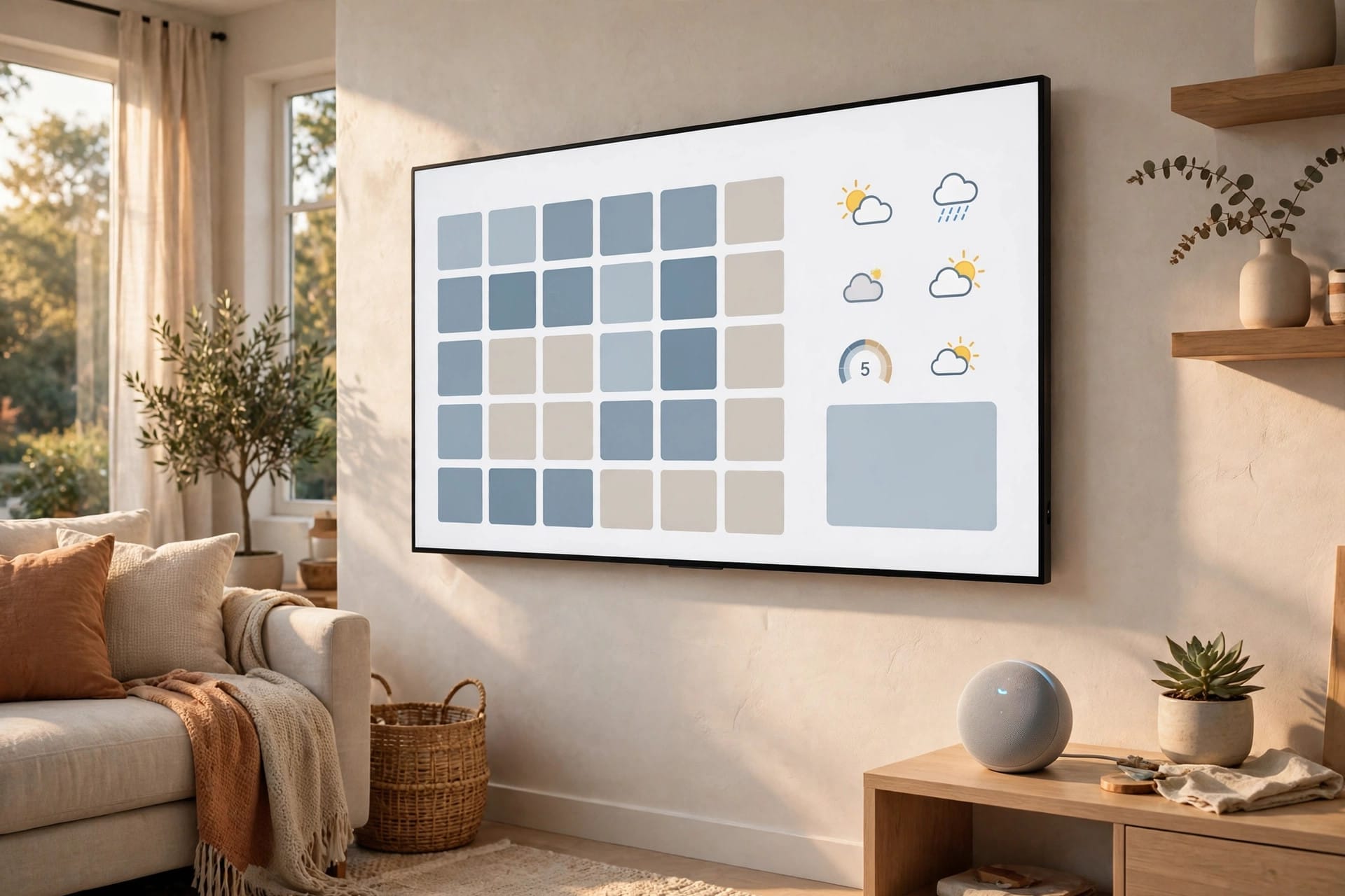 A large wall-mounted smart display and a round smart speaker in a bright living room, illustrating Amazon's new Echo lineup