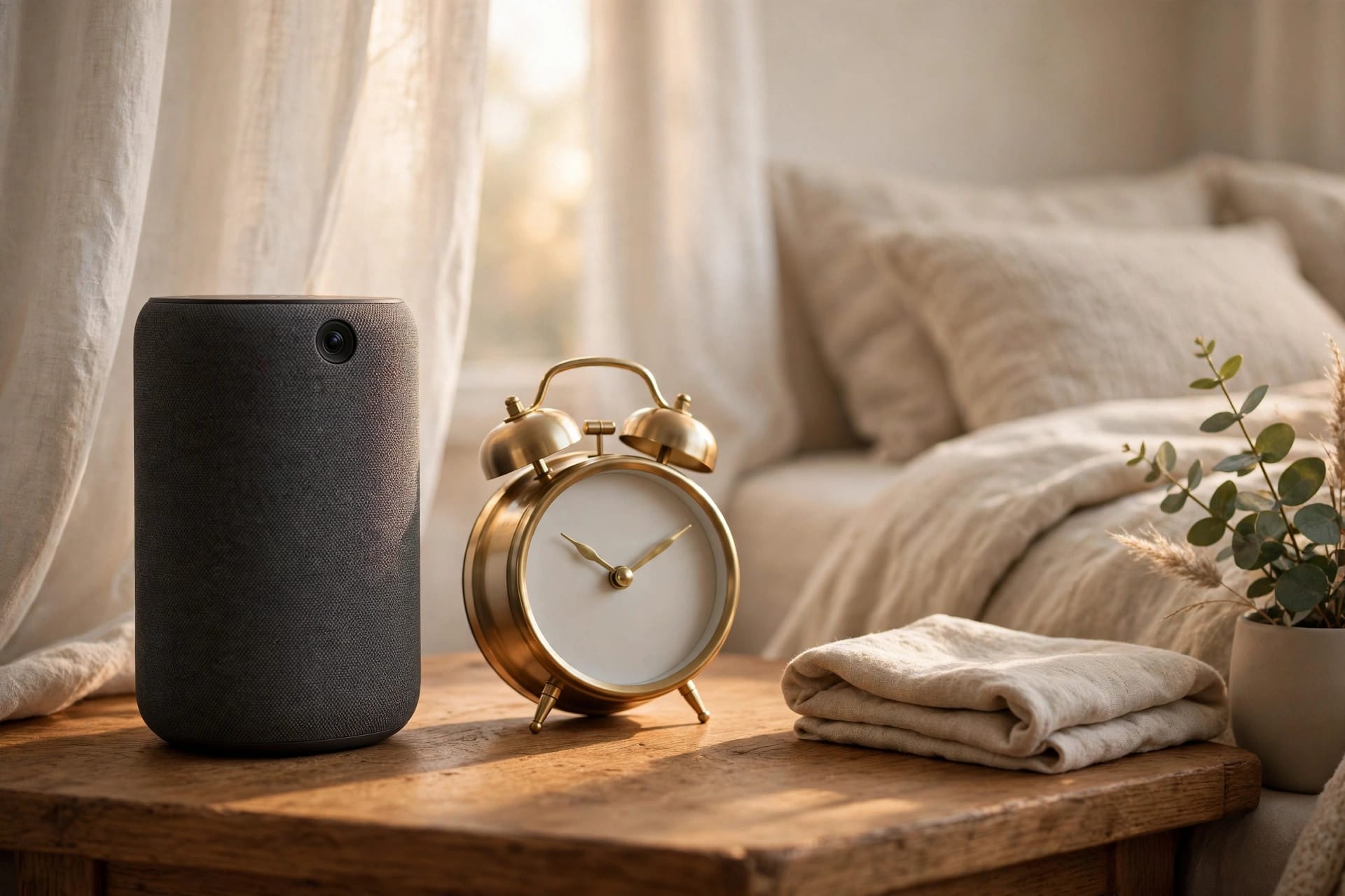 A round smart speaker with a camera and a bedside alarm clock on a wooden table in a bedroom, illustrating the Echo Studio and Echo Time