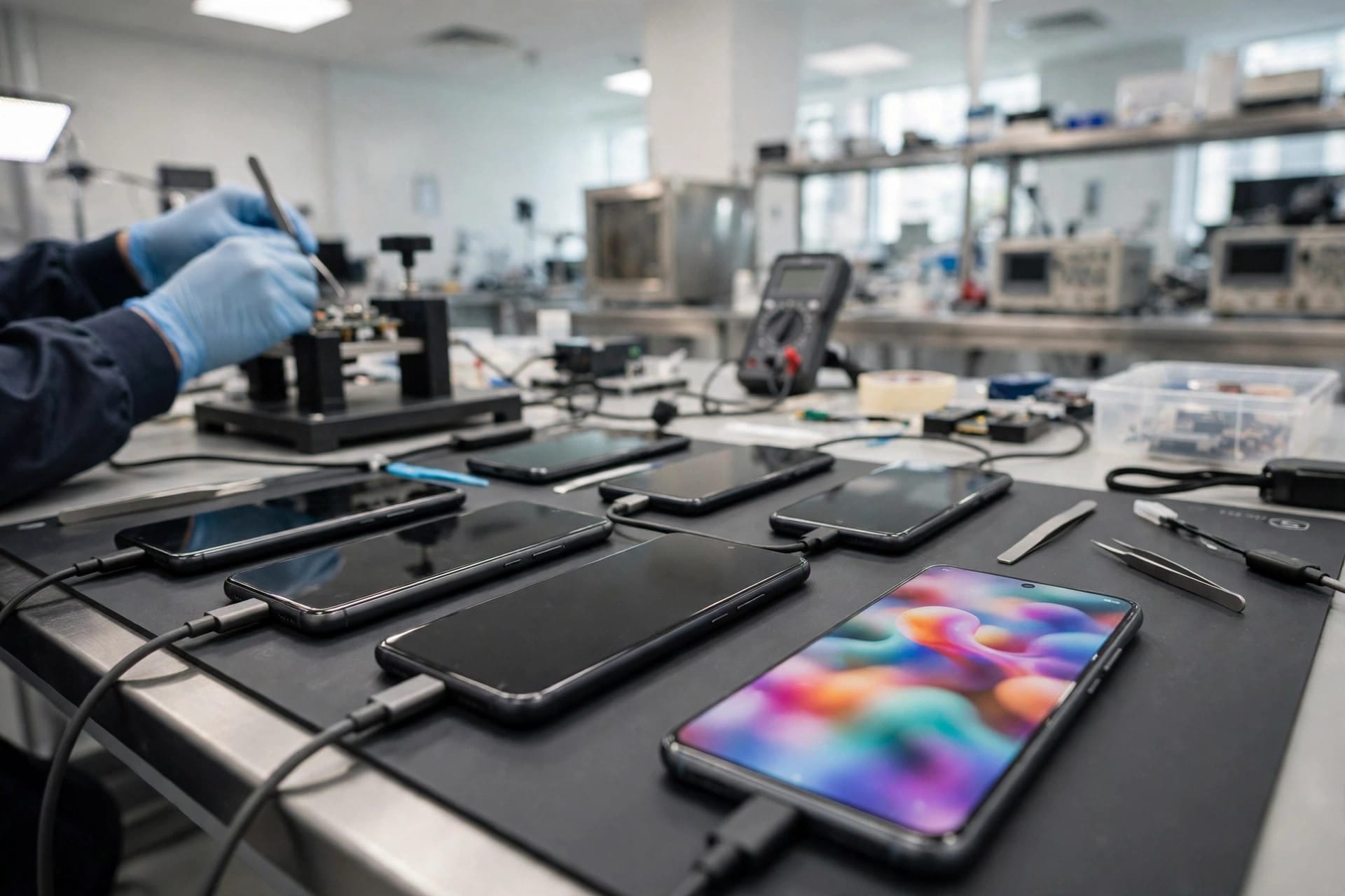 Smartphones lined up on a testing bench with one showing a colourful abstract screen
