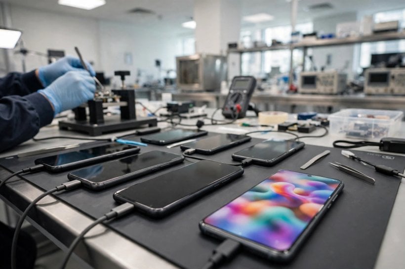 Smartphones lined up on a testing bench with one showing a colourful abstract screen