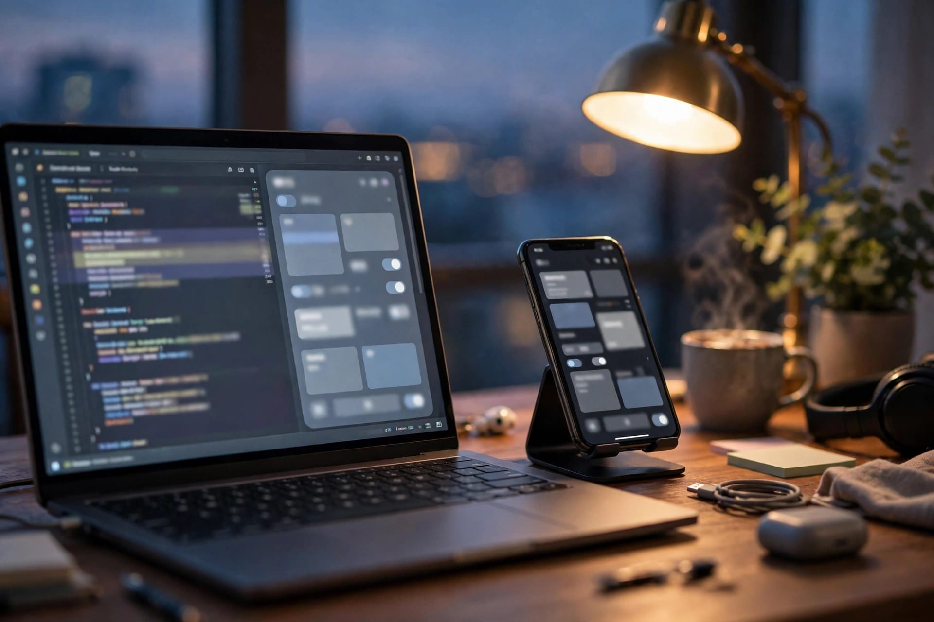 A laptop showing a code editor beside a smartphone on a desk at dusk