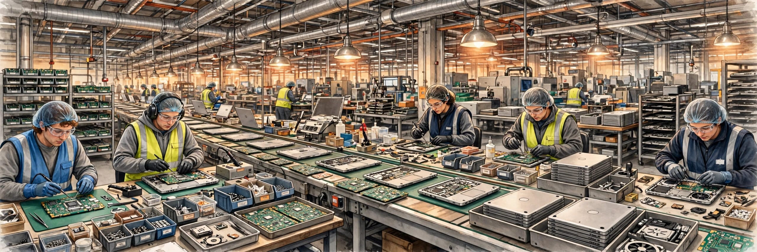 Electronics factory assembly line building laptops