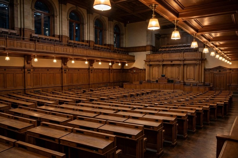A government debating chamber with rows of empty wooden desks and warm lamps