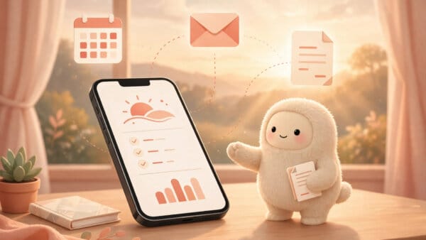 Smartphone showing a Claude Duet morning brief at dawn, with email, calendar and invoice icons