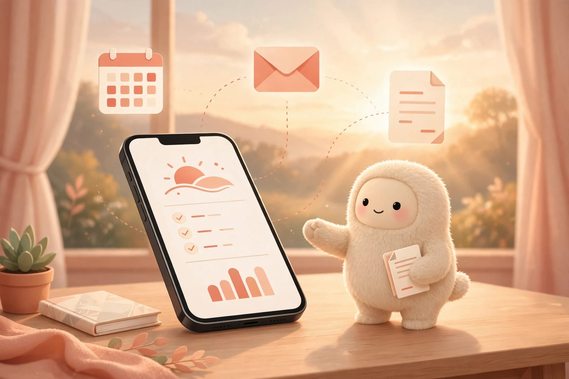 Smartphone showing a Claude Duet morning brief at dawn, with email, calendar and invoice icons