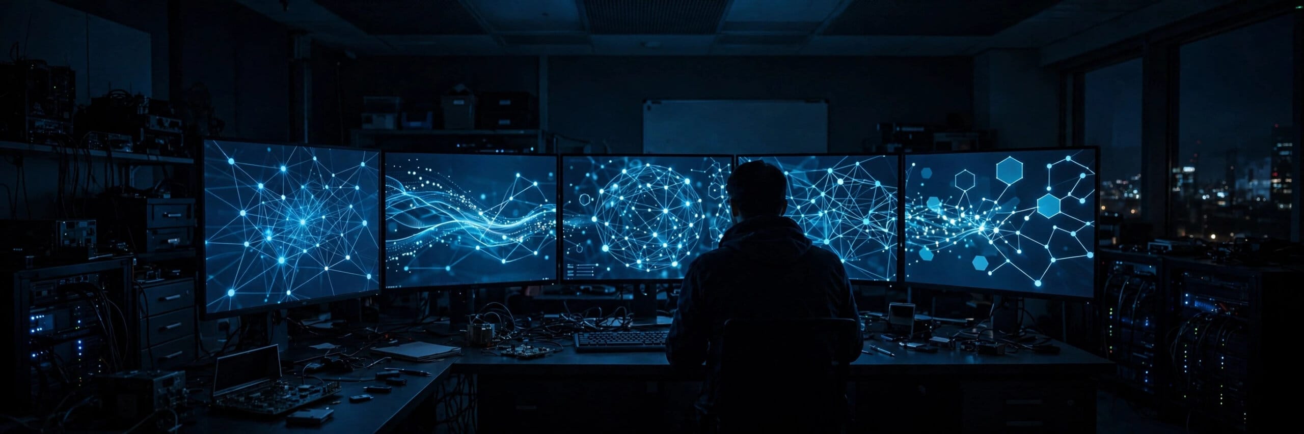 A security researcher silhouetted before glowing network screens at night