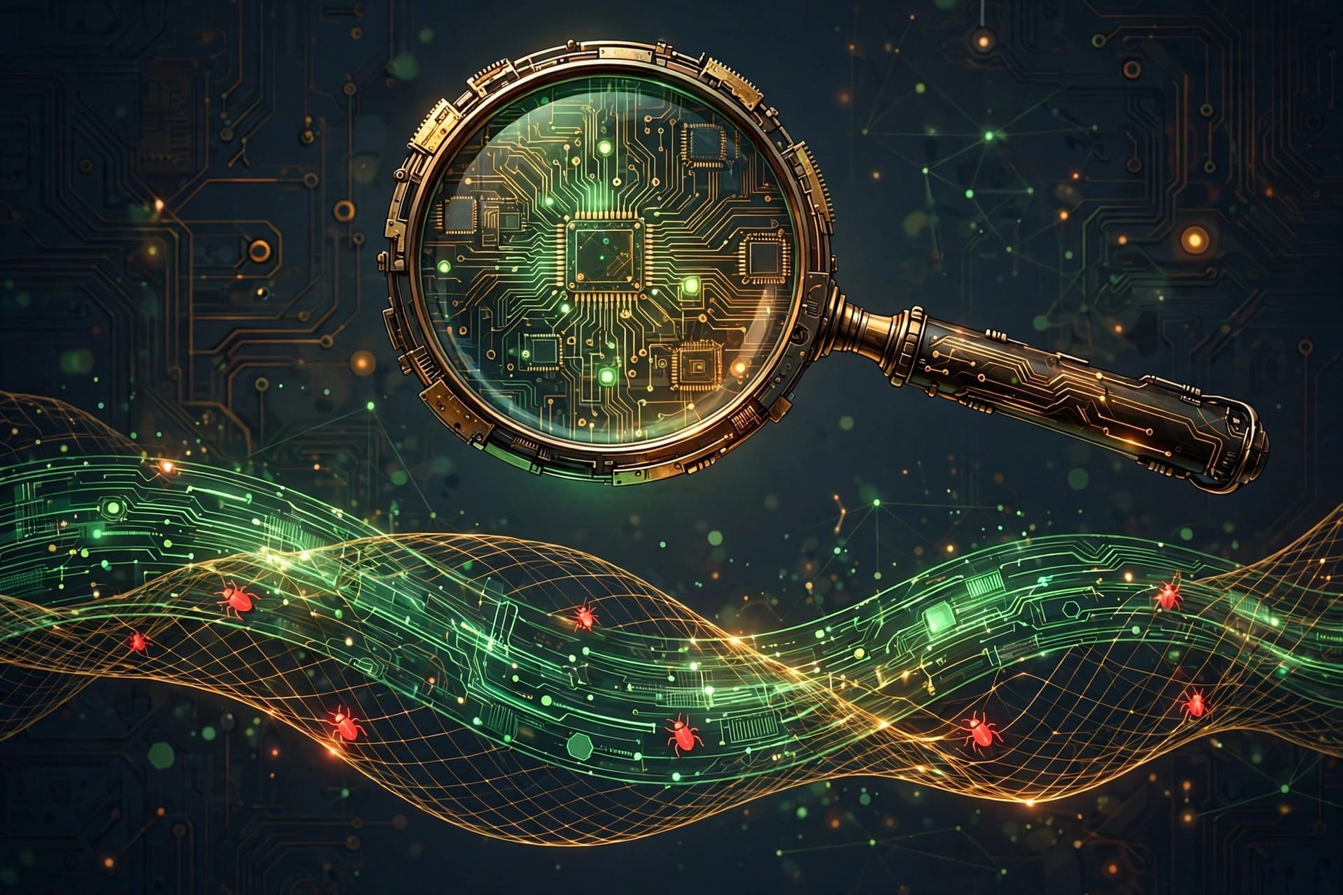 A magnifying lens over glowing code ribbons revealing hidden red bug glyphs among green lines, as Claude finds and patches bugs while proving formal verification
