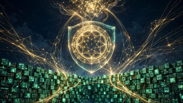 Golden proof streams converging into a translucent shield over walls of green machine code, illustrating Claude writing formal security proofs for 123 open-source libraries
