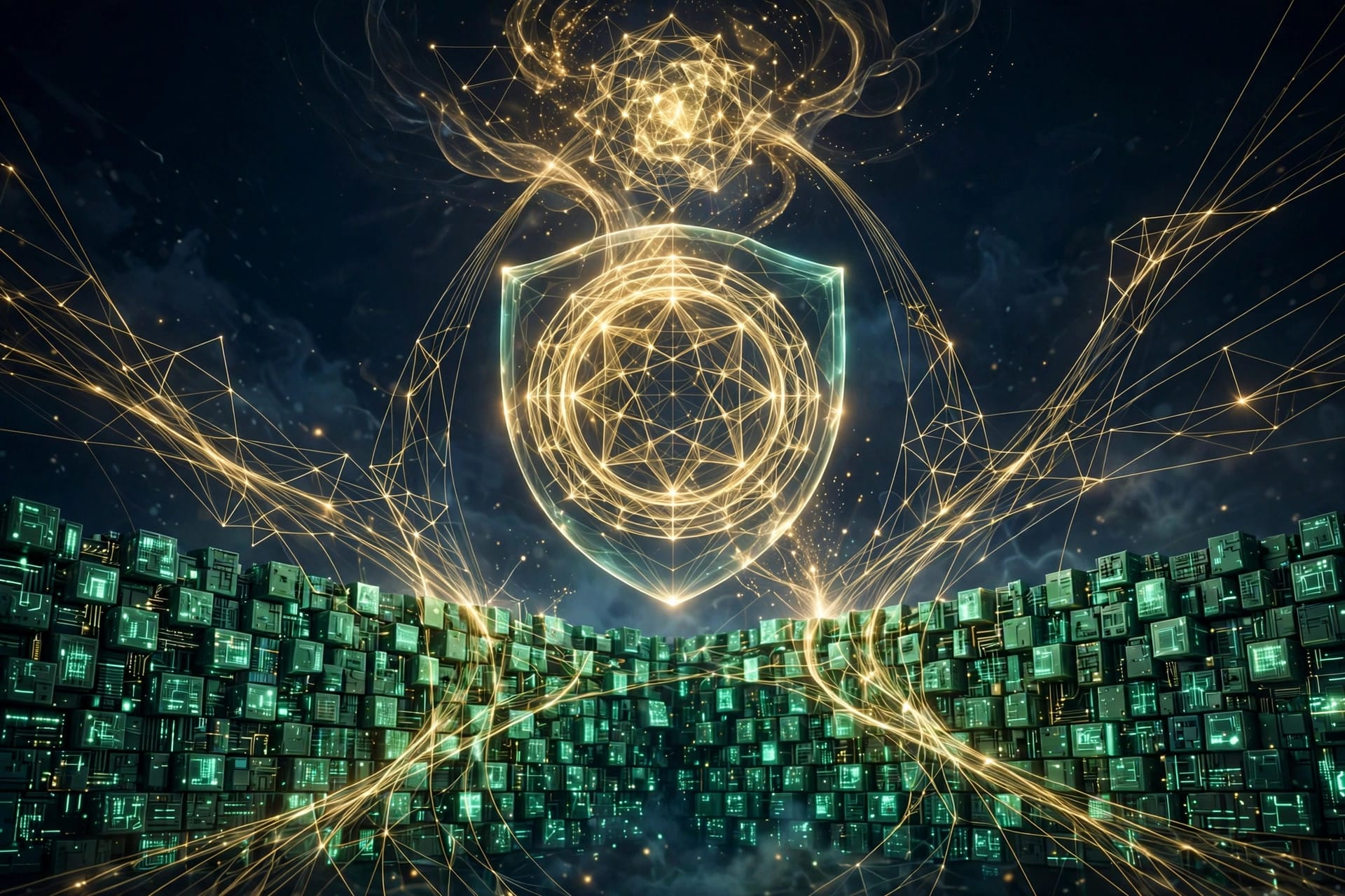 Golden proof streams converging into a translucent shield over walls of green machine code, illustrating Claude writing formal security proofs for 123 open-source libraries