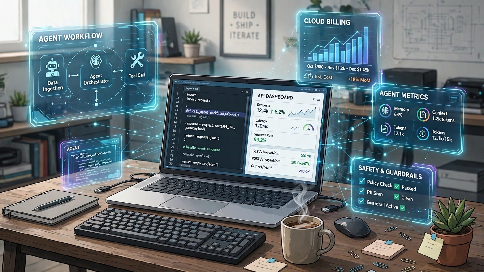 Developer workstation with an API dashboard and cloud billing holograms for building agents on the Claude platform