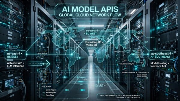 Data center corridor visualizing AI model APIs flowing across global cloud regions for the Claude platform on Google Cloud