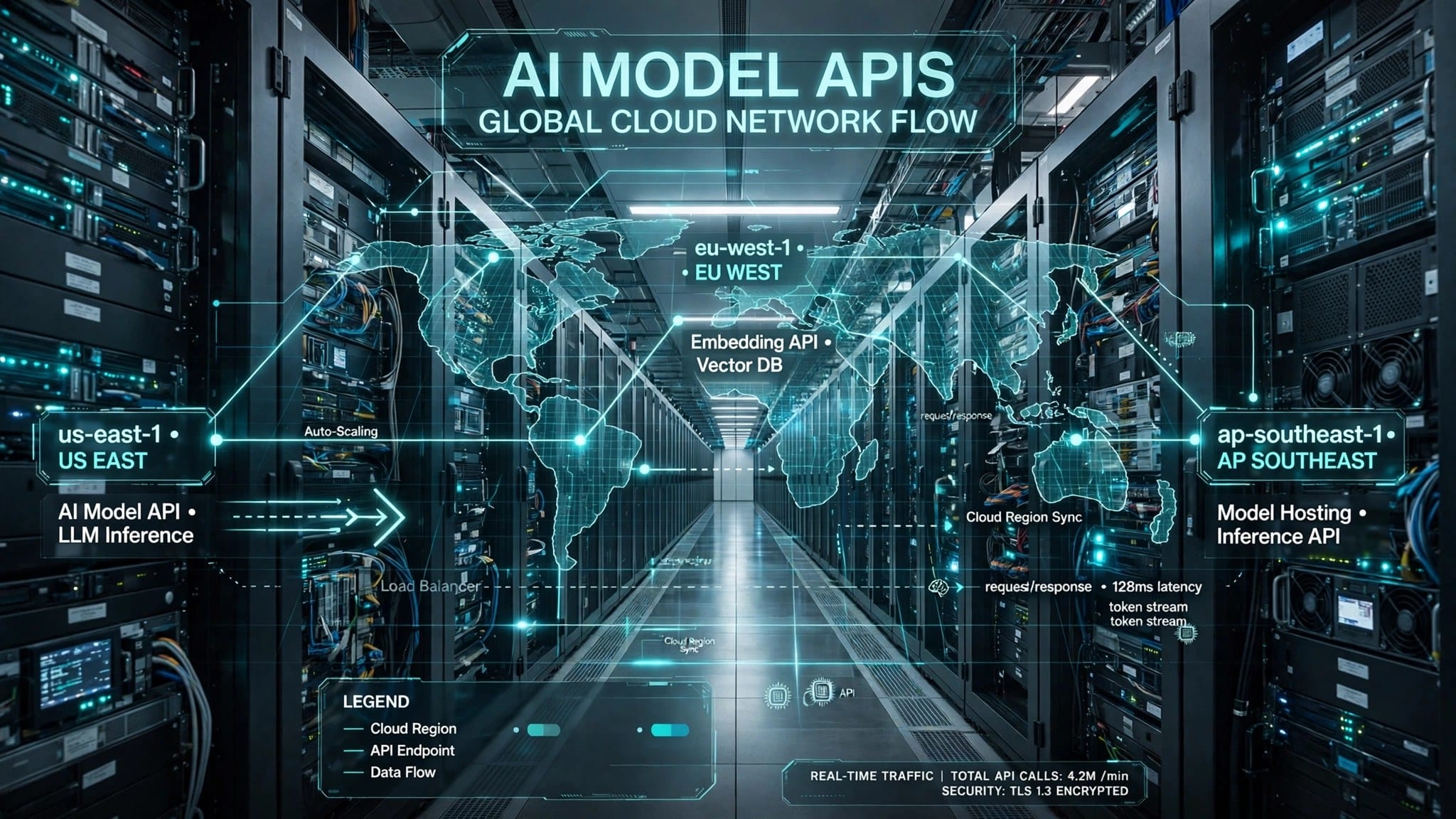 Data center corridor visualizing AI model APIs flowing across global cloud regions for the Claude platform on Google Cloud
