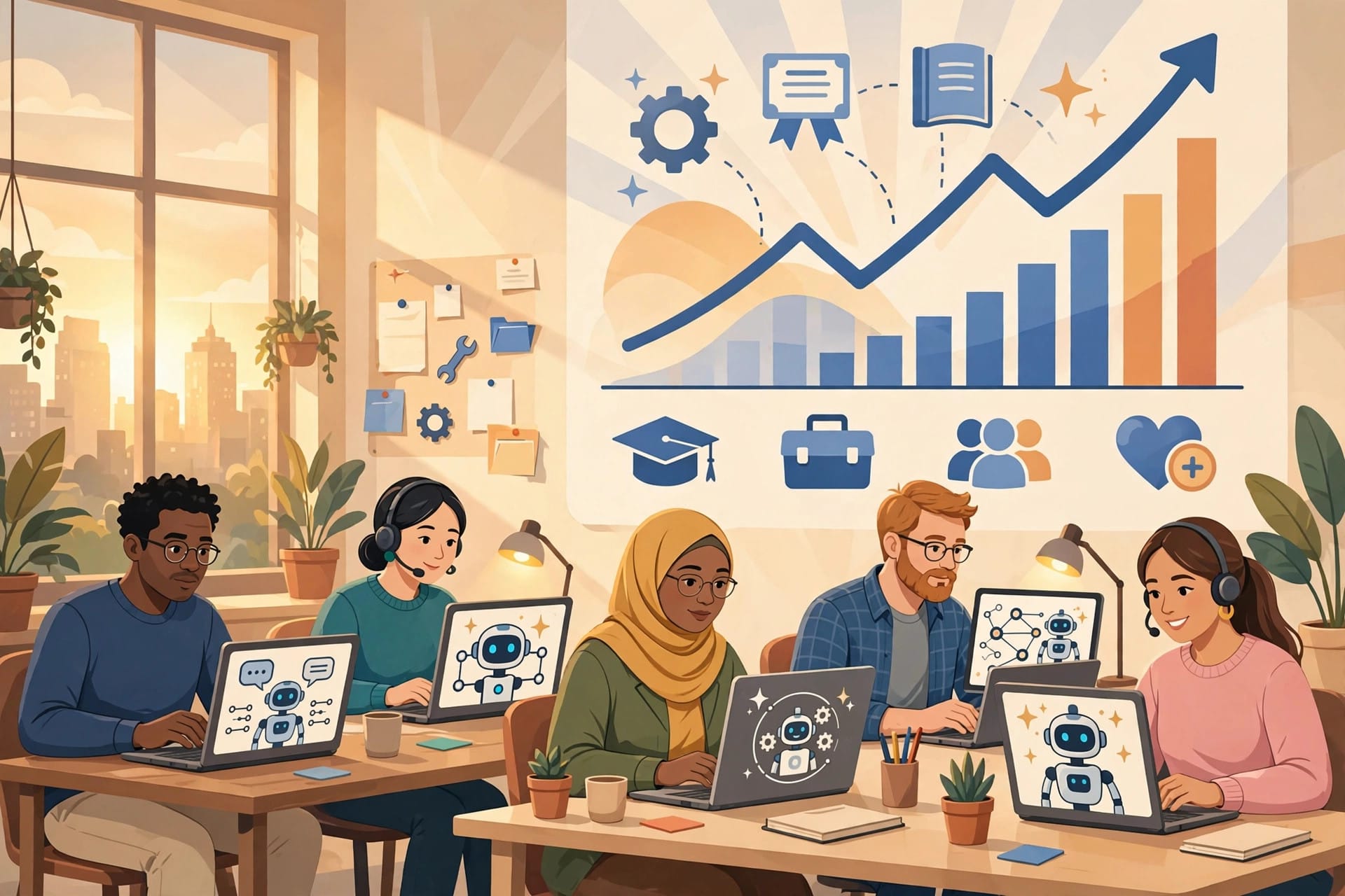 Workers using AI agents at laptops under a rising training and support chart, representing the labour market the Anthropic Public Benefit Fund may support