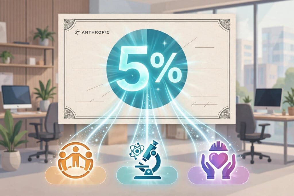 Anthropic share certificate with a glowing 5% segment funding community, research and worker support through its Public Benefit Fund
