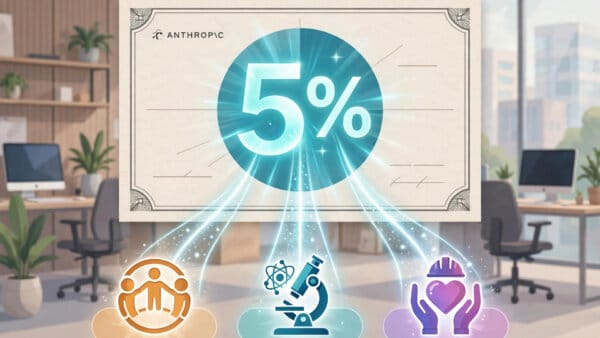 Anthropic share certificate with a glowing 5% segment funding community, research and worker support through its Public Benefit Fund
