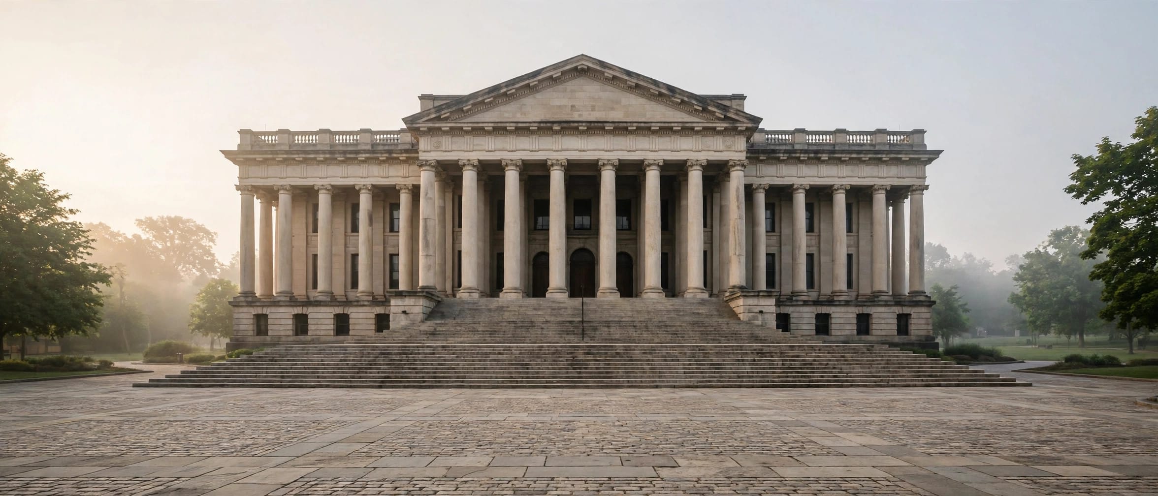 Grand courthouse stone columns and steps in soft morning light with an empty plaza
