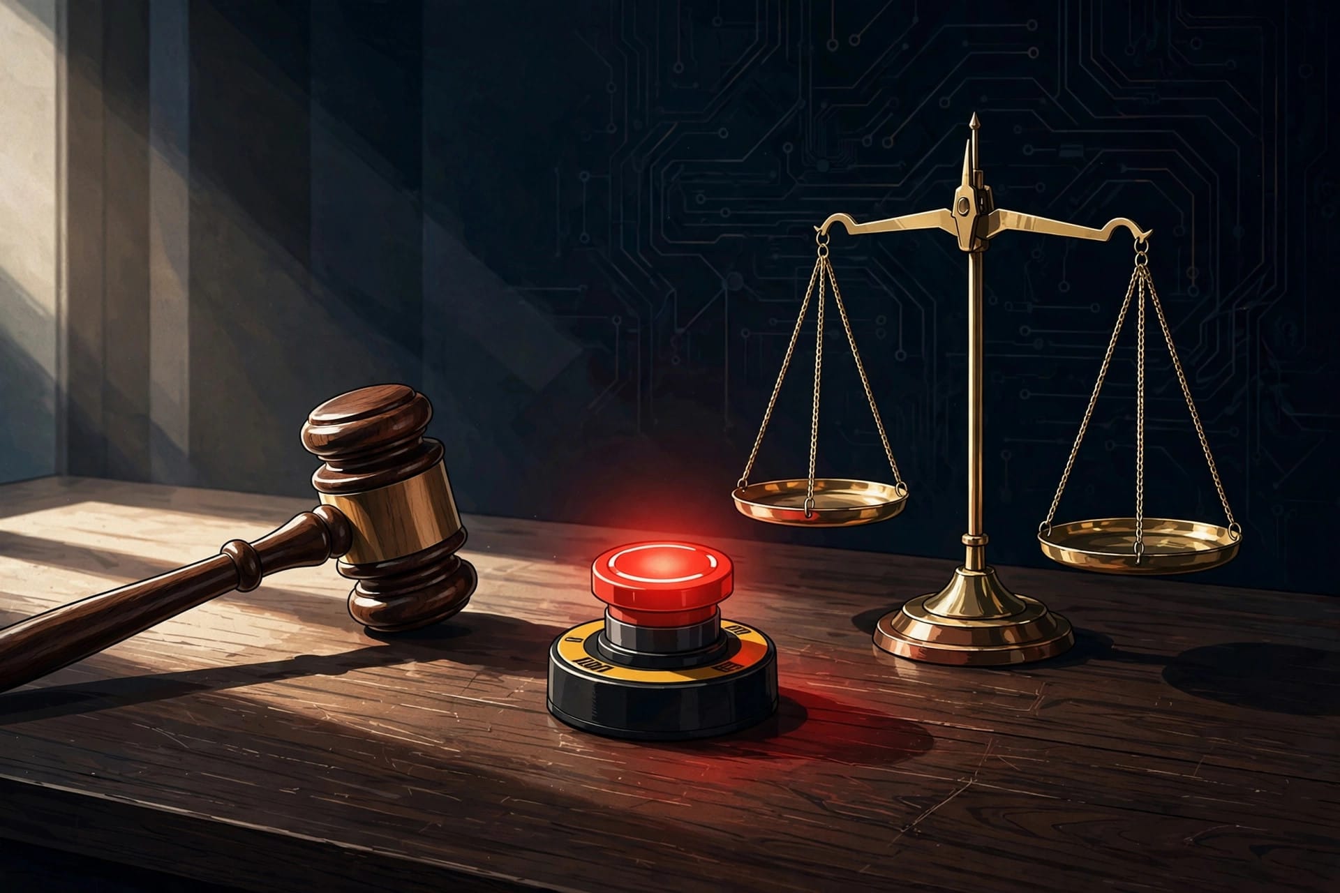 Gavel and emergency stop button symbolising the court order Anthropic's draft bill would require to halt a model