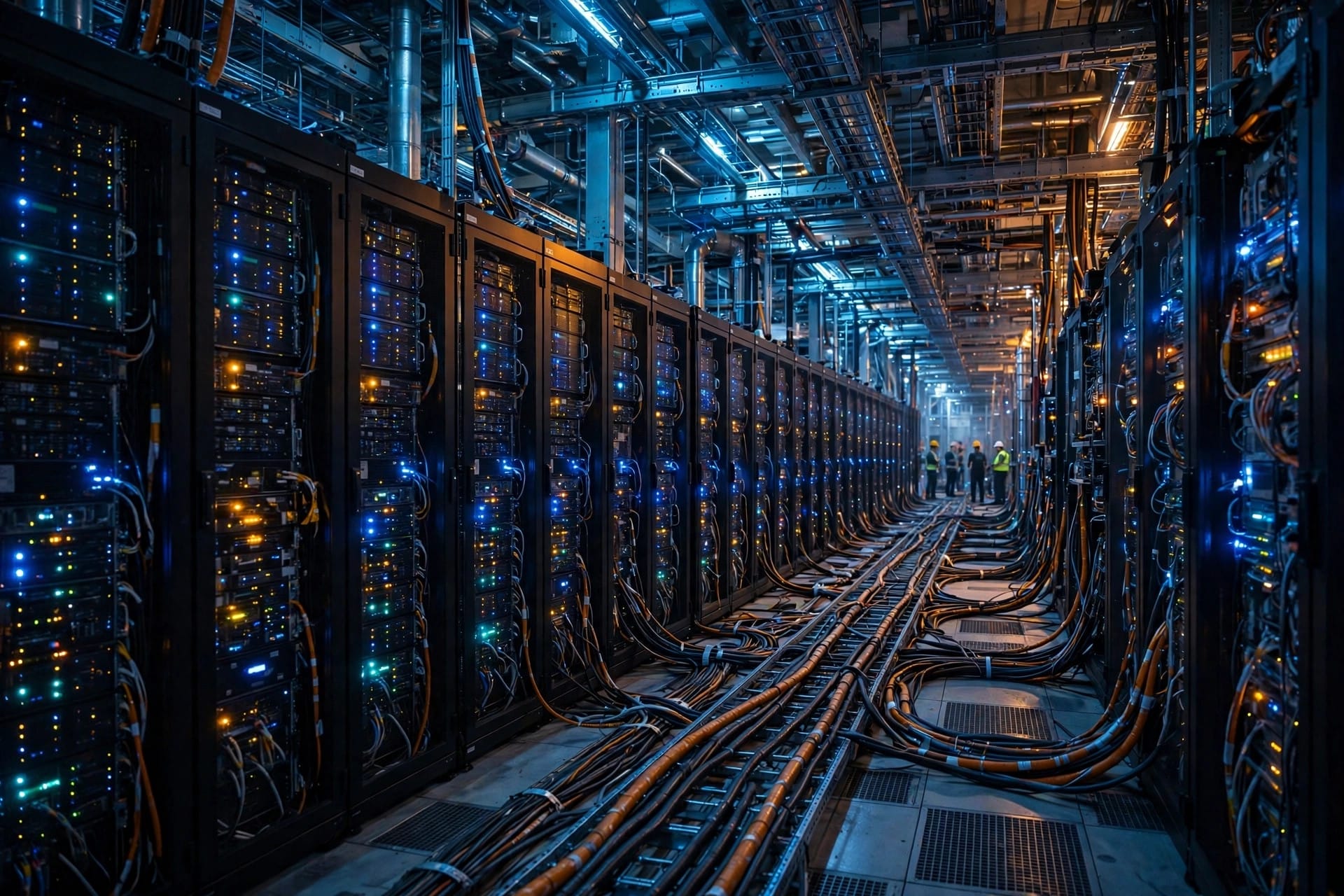 Rows of AI data centre server racks stretching into the distance, the computing capacity behind Anthropic's huge spending commitments