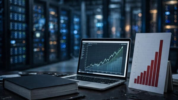 Anthropic draft IPO prospectus beside a rising revenue chart and a towering red loss bar, with an AI data centre behind