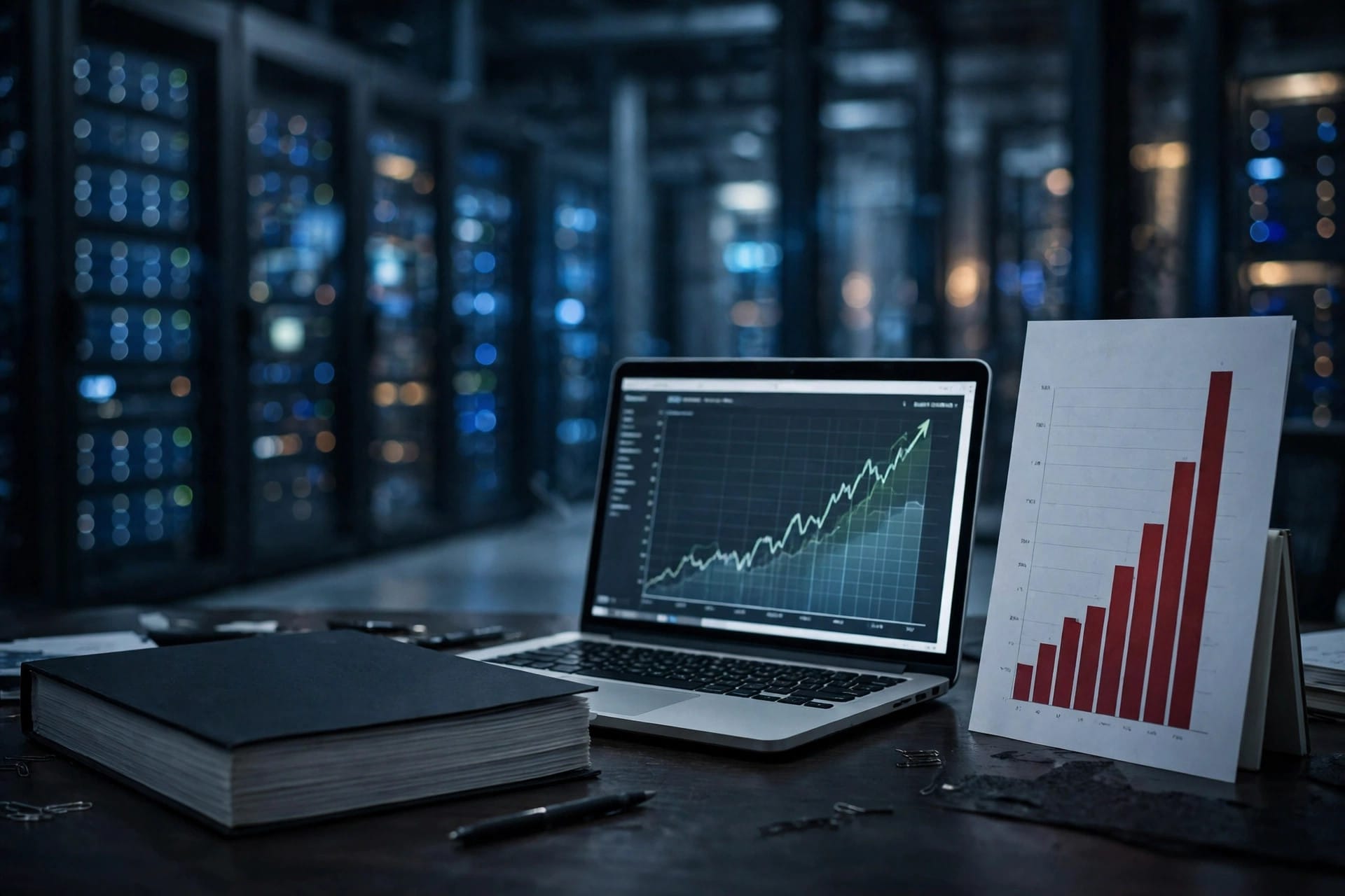 Anthropic draft IPO prospectus beside a rising revenue chart and a towering red loss bar, with an AI data centre behind
