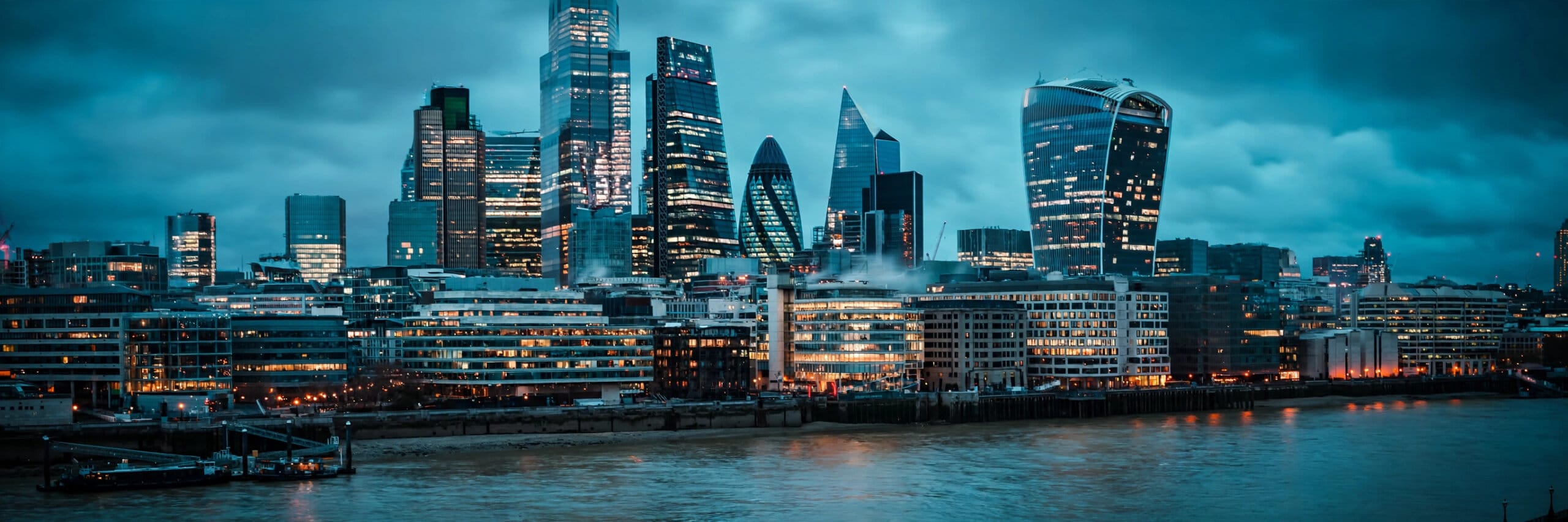 London's financial district at dusk, one of two hubs for the European AI consultancy Anthropic is backing with private equity firm Hg
