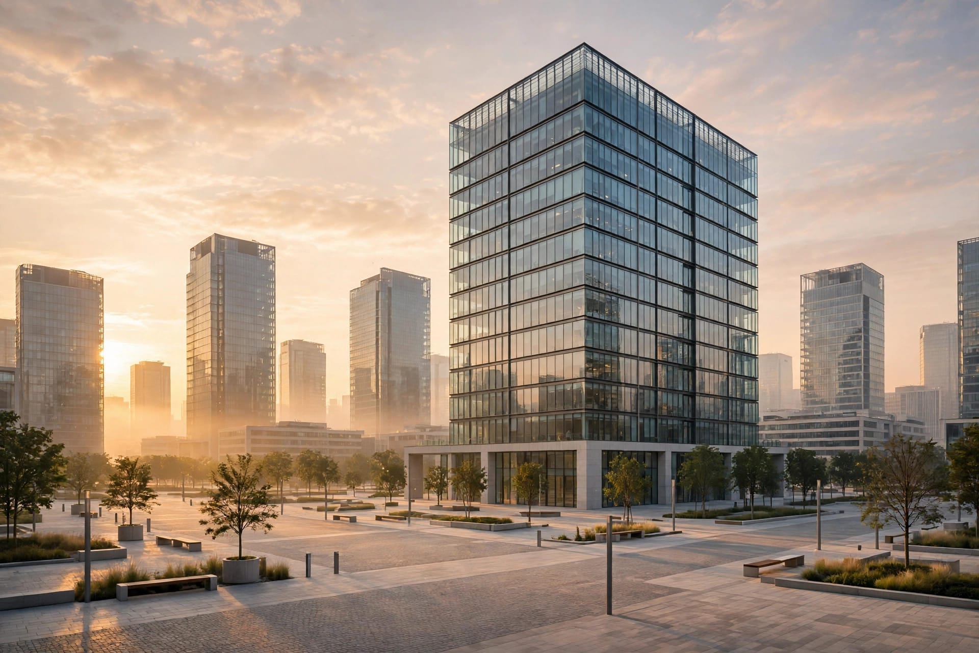 Modern office building in a finance district at dawn