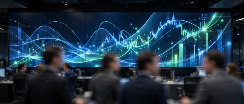 Stock market trading floor screen with rising charts