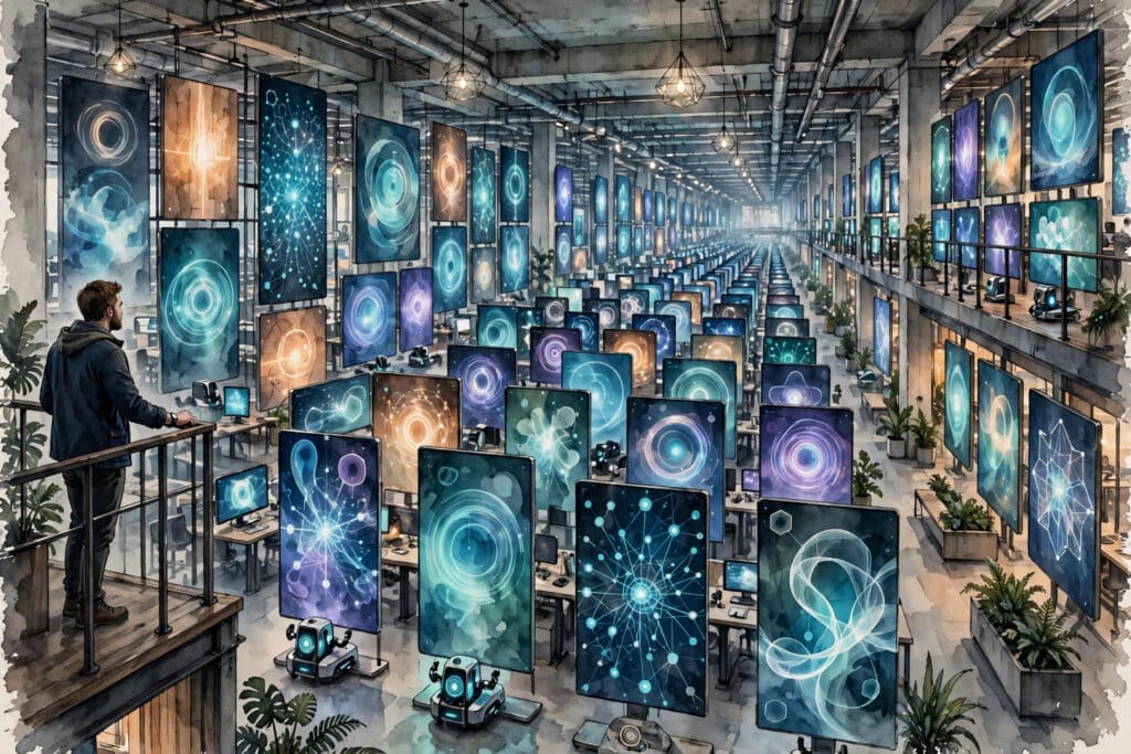 Anthropic office workspace where one engineer supervises several AI agent screens at once