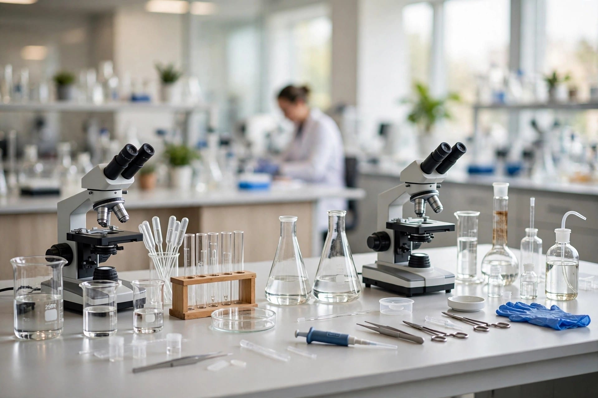 Bright laboratory bench with microscopes, glassware and a researcher in soft focus