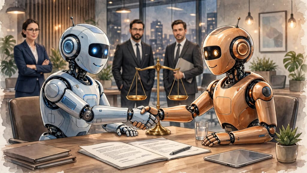 Two AI agents shaking hands over a negotiation table as Anthropic develops fair bargaining norms